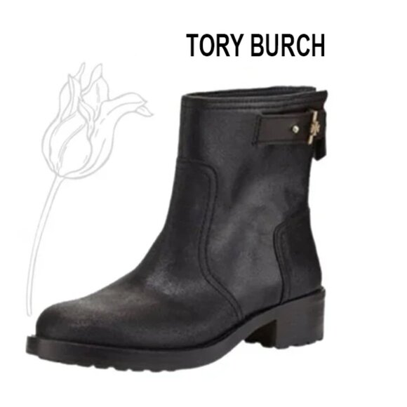 Tory Burch 'Selena' Black Distressed Leather Ankle Biker Boot - Picture 1 of 14